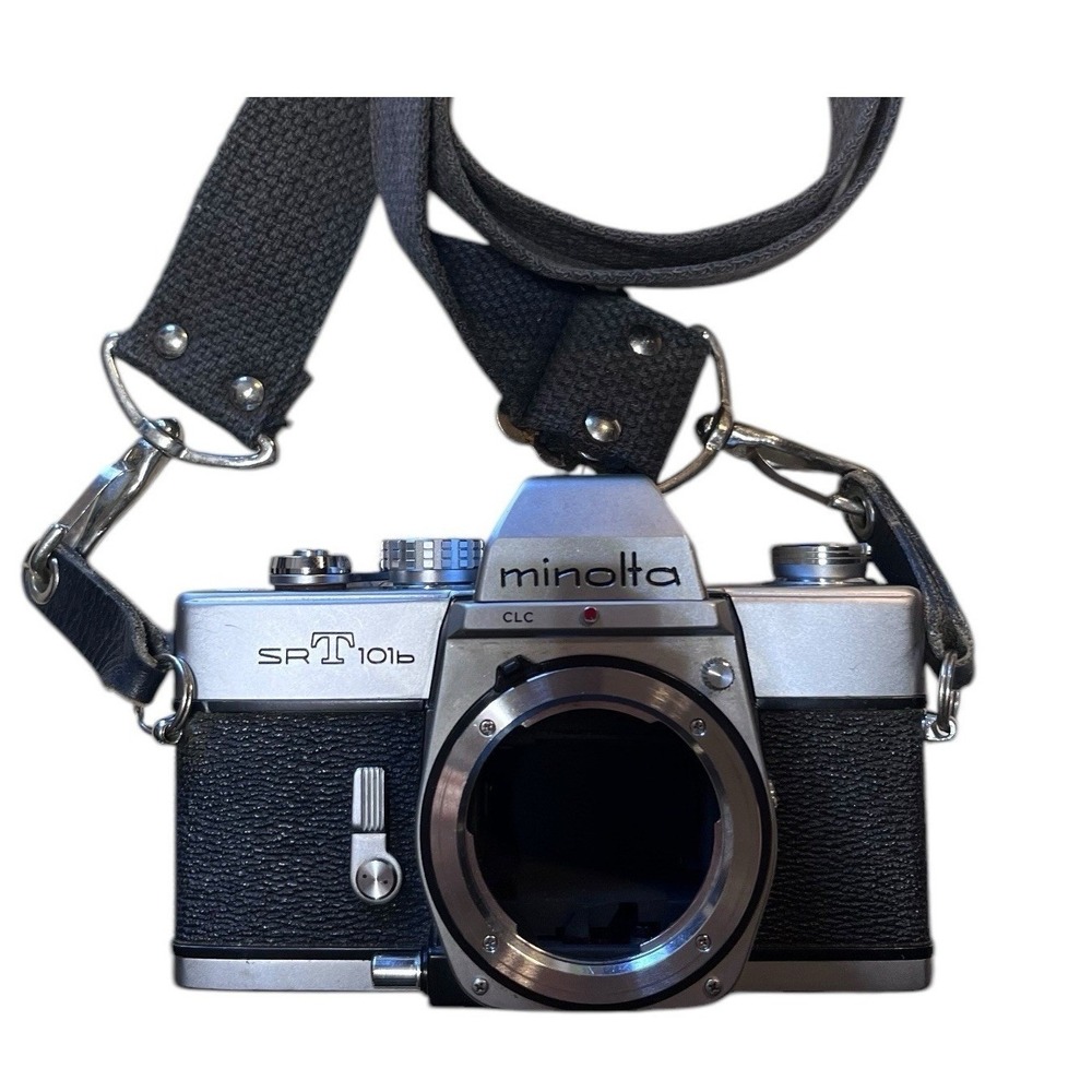 Minolta SRT101b 35mm SLR Film Camera Body Silver Black Japan Vintage Strap